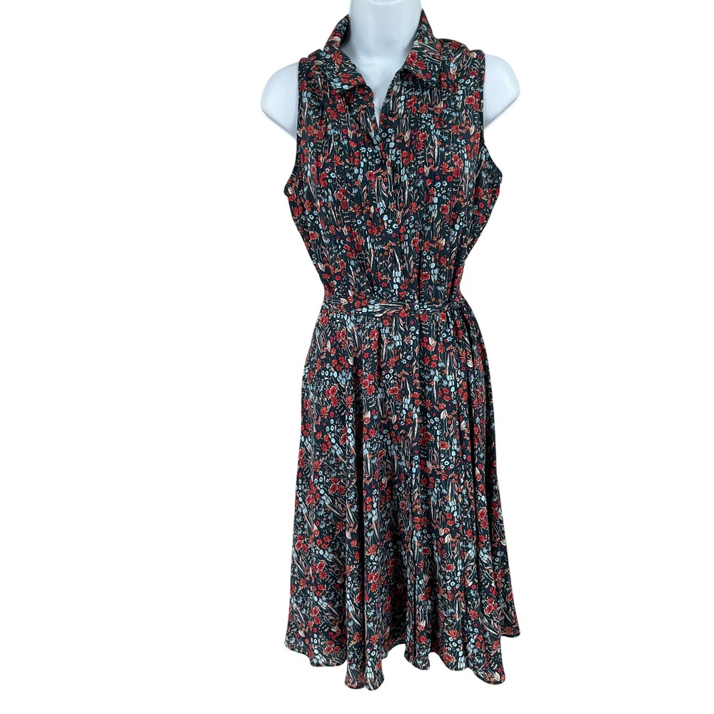 Nanette Lepore Shirt Dress Women Size 6 Teal Floral Sleeveless Boho Classic Midi
